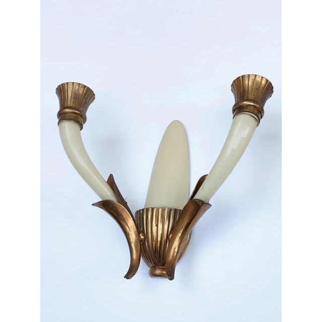Metal Italian Ivory White Blown Murano Glass & Coppered Brass Sconces, 1940s, Set of 2 For Sale - Image 7 of 18