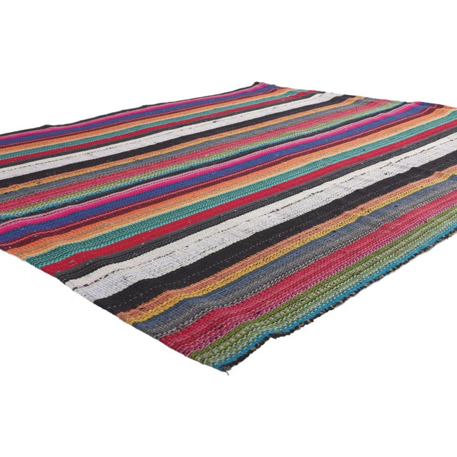 60678 Vintage Turkish Rainbow Stripe Kilim Rug, 05'08 x 07'01. Bright, bold, vintage and modern, this handwoven rainbow...