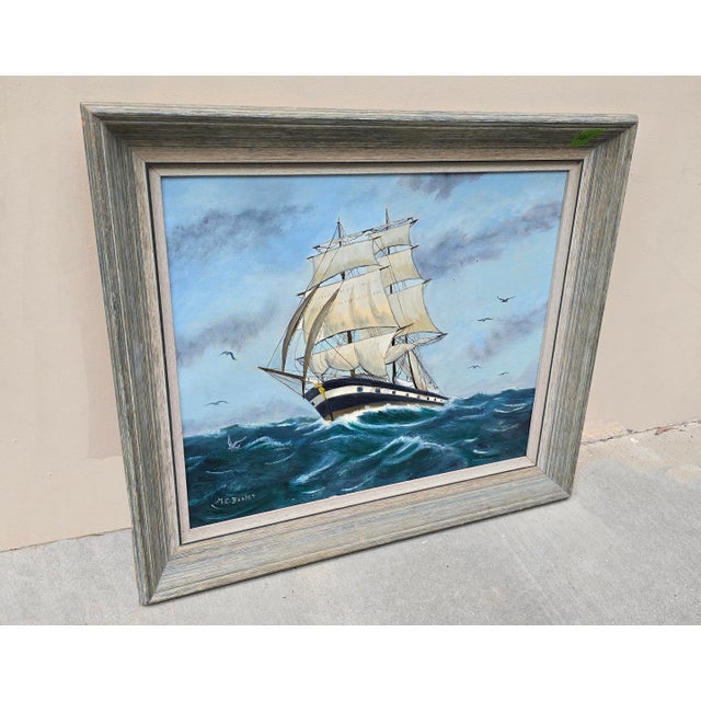 Realism Vintage Mid Century Ship Clipper Sailing Through Choppy Waves Signed m.c. Besler For Sale - Image 3 of 17