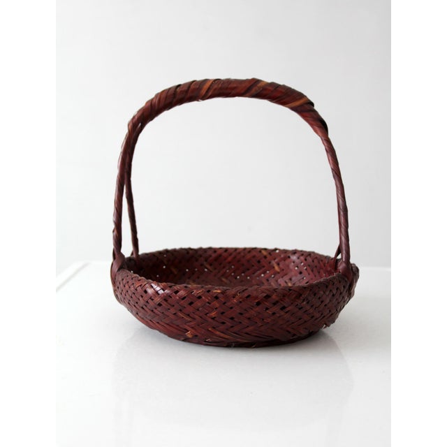 Contemporary Vintage Hand-Woven Bamboo Basket With Wrapped Handle For Sale - Image 3 of 12