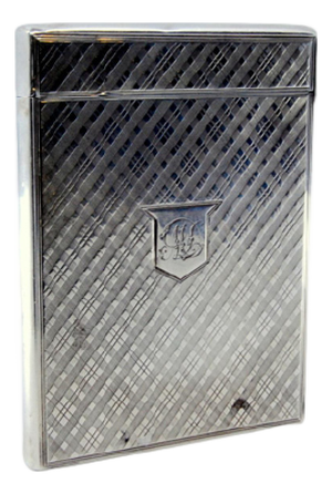 Guilloche Silver Cardboard Box with Central Monogram Card and Hinged Lid