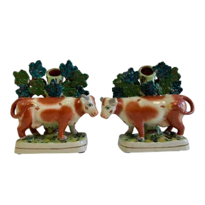 Early 20th Century Cows at Pasture Ceramic Candlesticks - a Pair