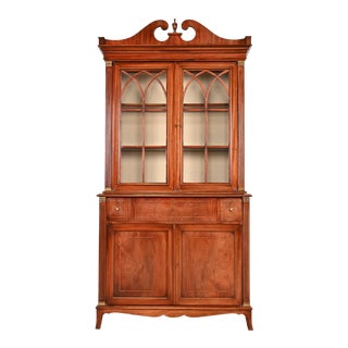 Georgian Carved Mahogany Breakfront Bookcase Cabinet With Drop Front Secretary Desk For Sale