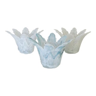 Set of 3 Murano-Style Italian Glass Petal Bowls - Votive Holders, White & Aqua For Sale