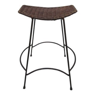 Arthur Umanoff Wicker or Rattan and Wrought Iron Stool For Sale