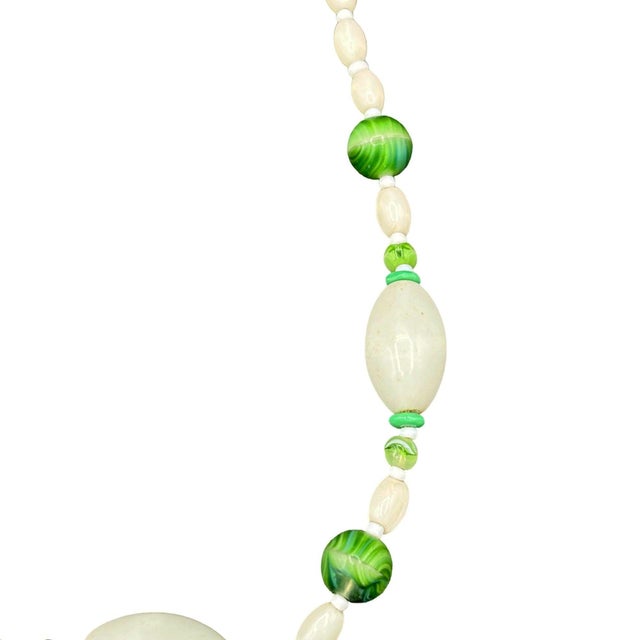 1930s Czech Bohemian Green/White Lamp Art Glass W/Mop Shell Bead Necklace For Sale - Image 4 of 5