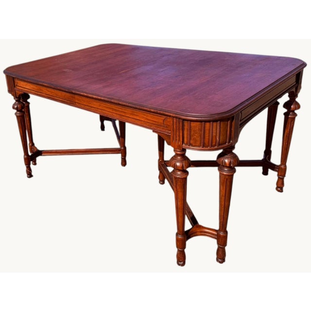 Hepplewhite Antique 1920s Federal Hepplewhite Walnut Dining Table 16" Leaf Self-Storing For Sale - Image 3 of 18