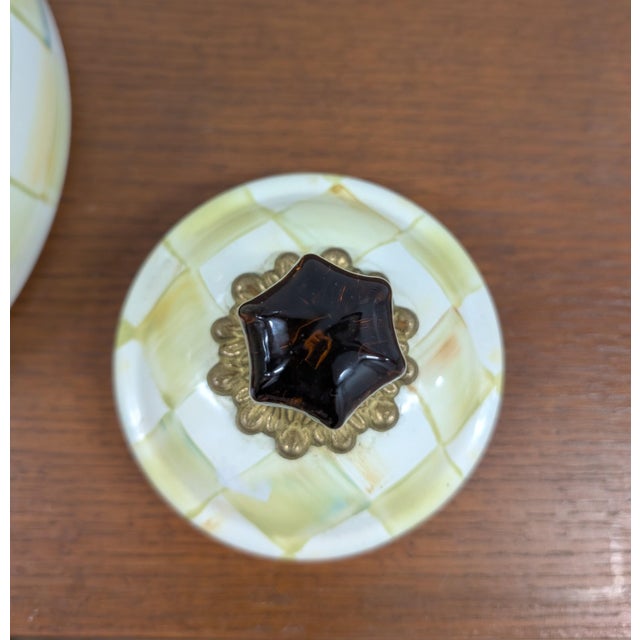 American Mid 20th Century MacKenzie Childs Yellow and Cream Parchment Checkered Tea Kettle For Sale - Image 3 of 9