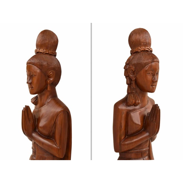 Brown Mid 20th Century Life Size Hand Carved Solid Wood Sawasdee Thai Women Greeter Statue For Sale - Image 8 of 11
