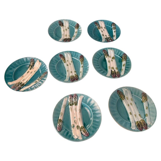 French Majolica Depose KG Luneville Asparagus Plates - Set of 7 For Sale - Image 15 of 18