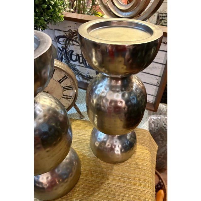 Large Pair of Vintage Farmhouse Hammered Metal Candle Holders For Sale - Image 4 of 6