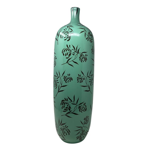 Ceramic Late 20th Century Vintage Mint Green Large Hand Painted Floral Decor Vase For Sale - Image 7 of 7
