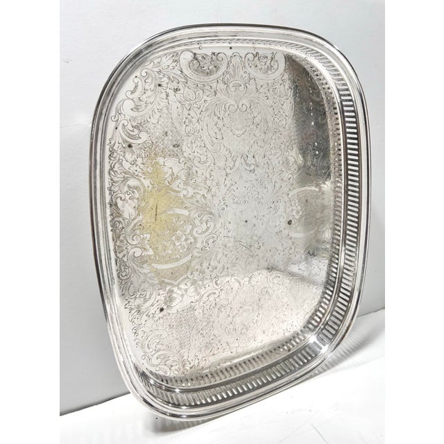 Metal Antique Silverplate Gallery Tray – Engraved Serving Tray With Cast Feet, c.1900 Bar Cart Entertaining For Sale - Image 7 of 12