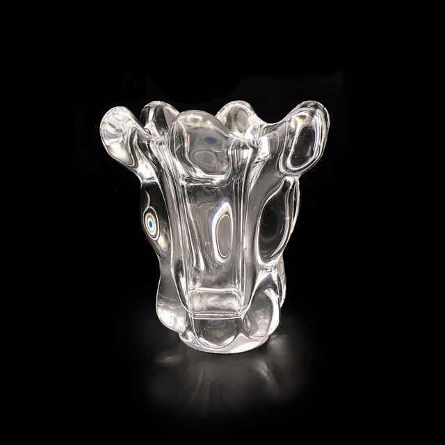 Mid-century French crystal vase by Art Verrier (Cofrac), with a scalloped edge and bulbous vessel silhouette. Measures 6...