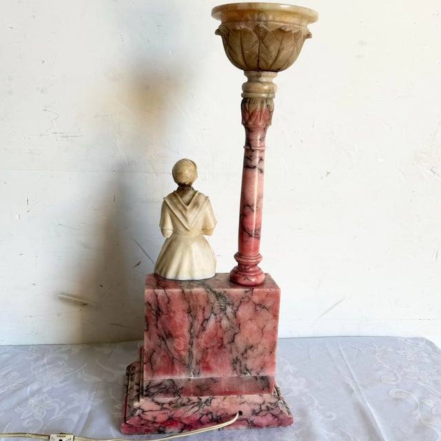 Antique Italian Carved Pink and White Alabaster and Marble Table Lamp For Sale - Image 9 of 12