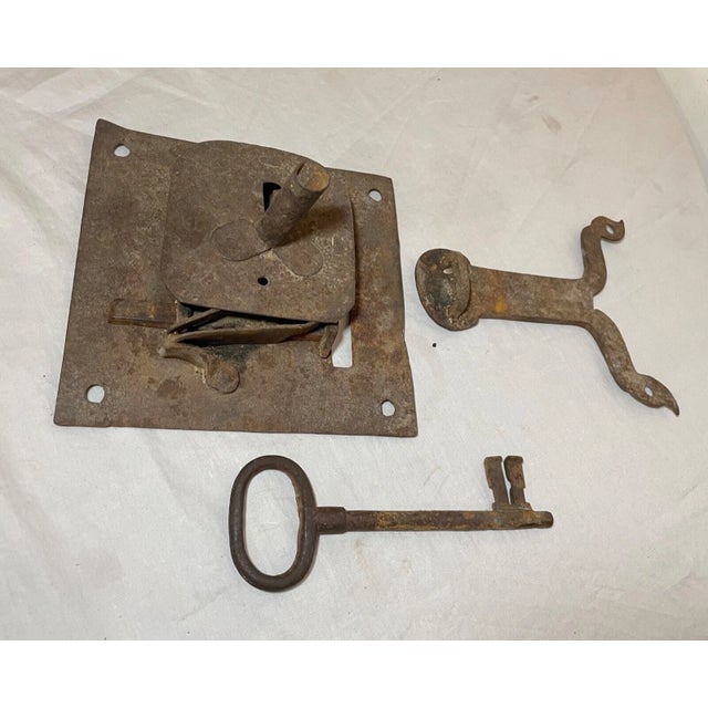 Metal Antique 1700's Handmade Wrought Iron Skeleton Key Lock Locking Mech. Hardware For Sale - Image 7 of 13