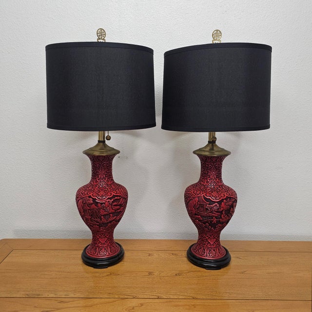 Mid 20th Century Mid 20th Century Mid-Century Chinese Hand-Carved Cinnabar Lacquer Table Lamps, Pair For Sale - Image 5 of 18