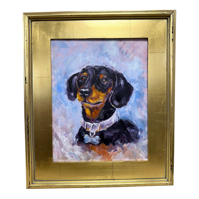 Original Dachshund Puppy Oil Painting on Board, 11” X 14”, Signed Paco C For Sale
