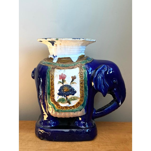 Blue Vintage Painted Terracotta Elephant Low Stool For Sale - Image 8 of 12