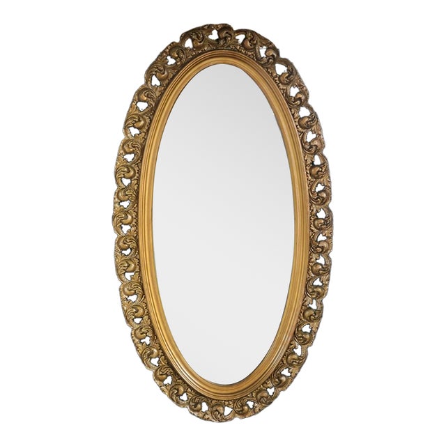 Early 1900s French Style Hand Carved Gilded Oval Beveled Wall Mirror For Sale