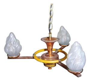1930s Art Deco Copper & Bakelite Chandelier With Frosted Torch Glass by Chase