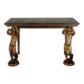 Console Table with Gilded Carved Cherubs and Green Alpine Marble Top For Sale