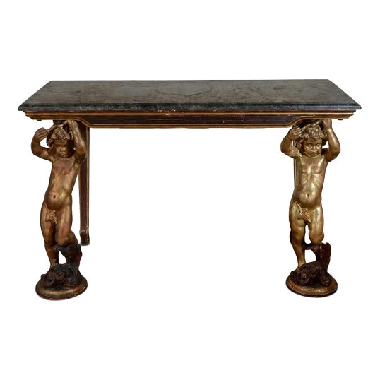 Console Table with Gilded Carved Cherubs and Green Alpine Marble Top For Sale