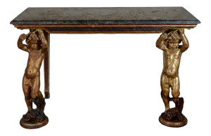 Console Table with Gilded Carved Cherubs and Green Alpine Marble Top