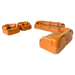 Confidential Seating Set in Cognac Leather by Alberto Rosselli for Saporiti, Italy, 1970s, Set of 4 For Sale