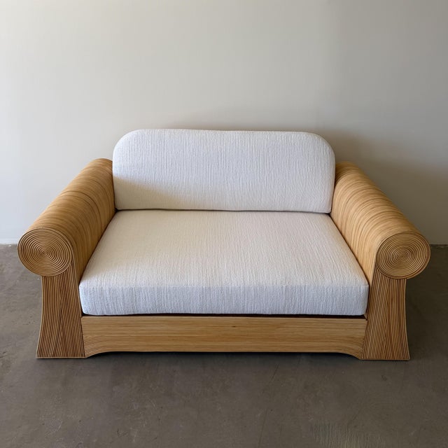 Mid-Century Modern Vintage 1970s Pencil Reed Loveseat, Bouclé Upholstered Bamboo Settee, Coastal Boho Rattan Sofa For Sale - Image 3 of 15