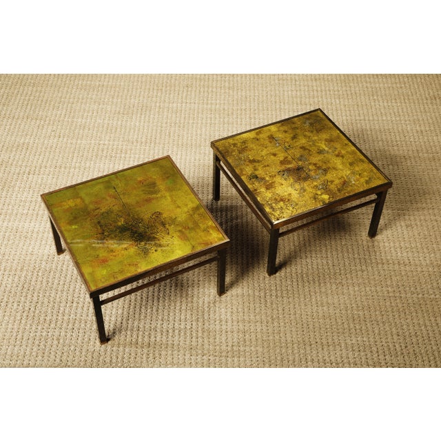 Mid-Century Modern Decorated Gold Leaf, Brass and Glass Coffee, Side or End Tables, c 1960s - A Pair For Sale - Image 3 of 12