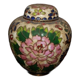 Vintage Chinese Cloisonné Ginger Jar With Pink Peony Motif, Copper Base For Sale