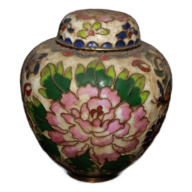 Vintage Chinese Cloisonné Ginger Jar With Pink Peony Motif, Copper Base For Sale