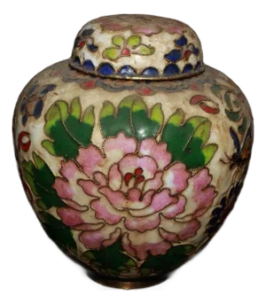 Vintage Chinese Cloisonné Ginger Jar With Pink Peony Motif, Copper Base