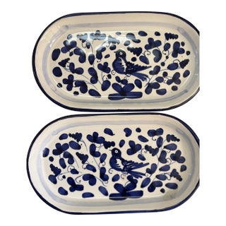 Mario & C. SNC Oval Serving Platter Set of 2 Blue Floral Bird Ceramic Italy For Sale