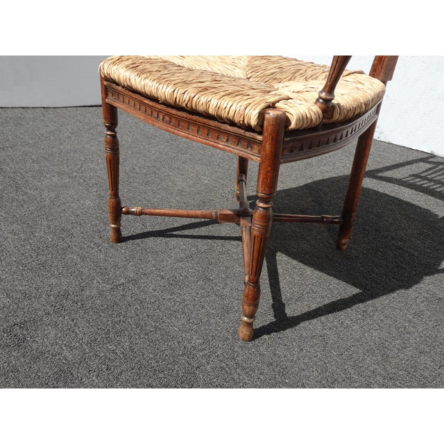 Pair of Vintage Rustic French Country Rush Seat Wheat Sheaf Arm Chairs ~ Dark #3 For Sale - Image 15 of 16