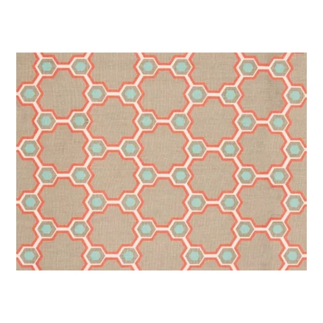 Vanderhurd Hand Printed Flax Cordoba Coral Moonstone Geometric Upholstery Fabric For Sale