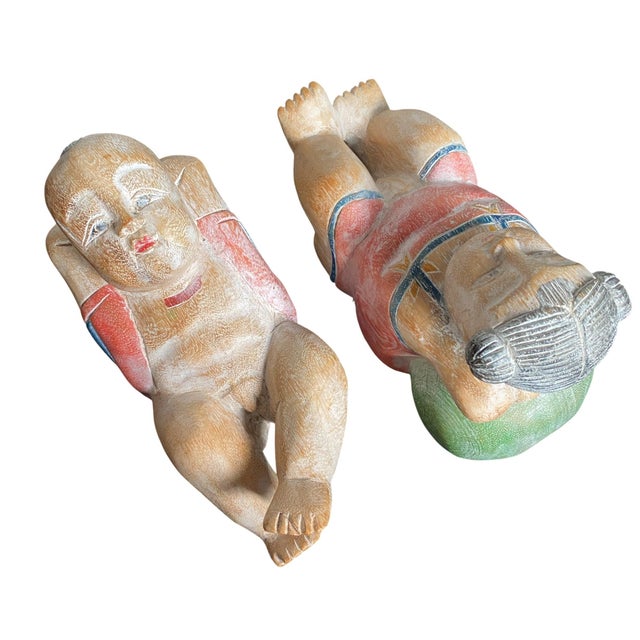 Antique Chinese Wood Carved Karako Boy Girl Reclining Melon Child Buddha Sculpture For Sale - Image 4 of 8