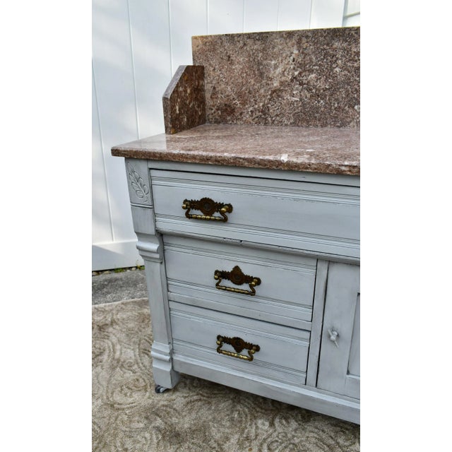 Antique Walnut Washstand Commode Pink Marble Top Gray Cottage Distressed 1880s For Sale - Image 4 of 12