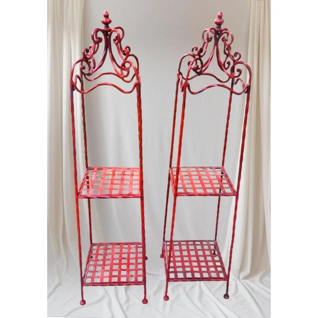 Vintage Tall Red Decorative Iron Pagoda Shaped 2 Shelf Room Decor Small Etagere's- A Pair For Sale In West Palm - Image 6 of 8