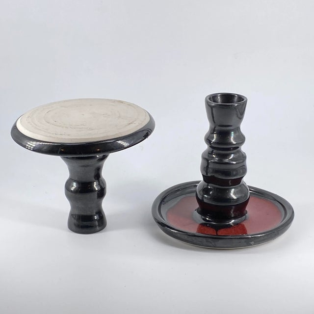 Vintage Black and Red Studio Pottery Candle Holders - Set of 2 For Sale - Image 4 of 10