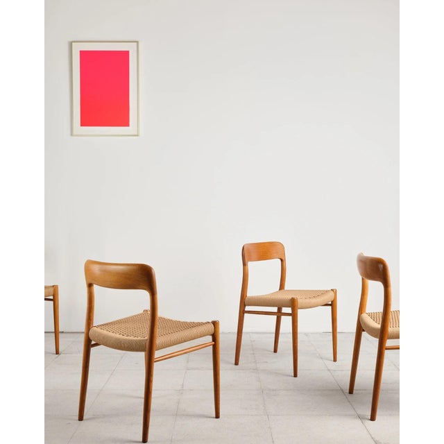 Mid-Century Modern Model 75 Dining Chairs in Oak with Paper Cord Weave by Niels O. Møller for j.l. Møllers, Denmark, 1950s, Set of 4 For Sale - Image 3 of 18