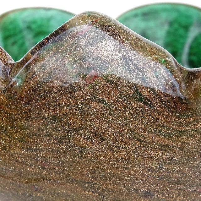Murano Murano Green Vintage Copper Aventurine Flecks Italian Art Glass Scalloped Rin Decorative Bowl Personal Ashtray For Sale - Image 4 of 6