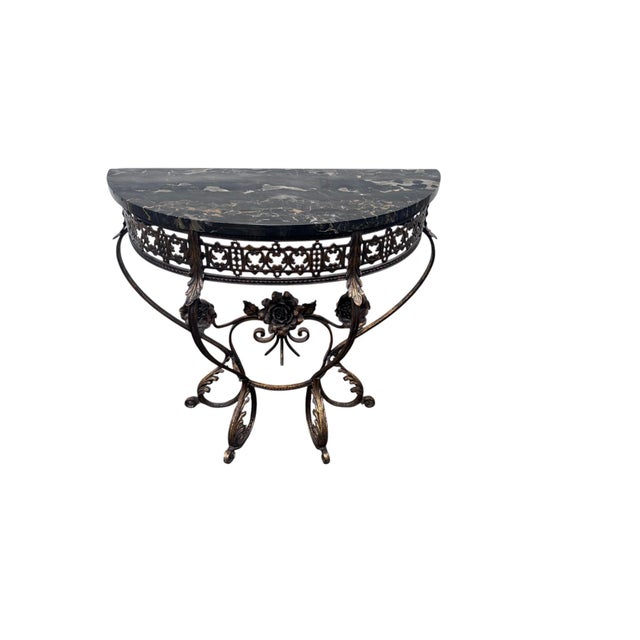Circa 1930 Oscar Bach Style Wrought Iron, Marble Console & Mirror Set UNSIGNED Striking circa 1930 wrought iron console...