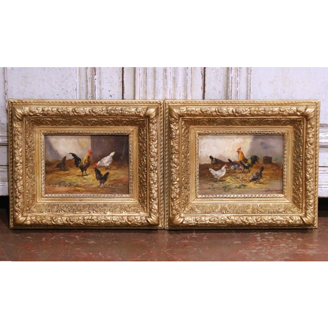 This refined pair of antique Belgian pendant paintings, created circa 1870, is attributed to Louis Dubois (1830–1880), an...
