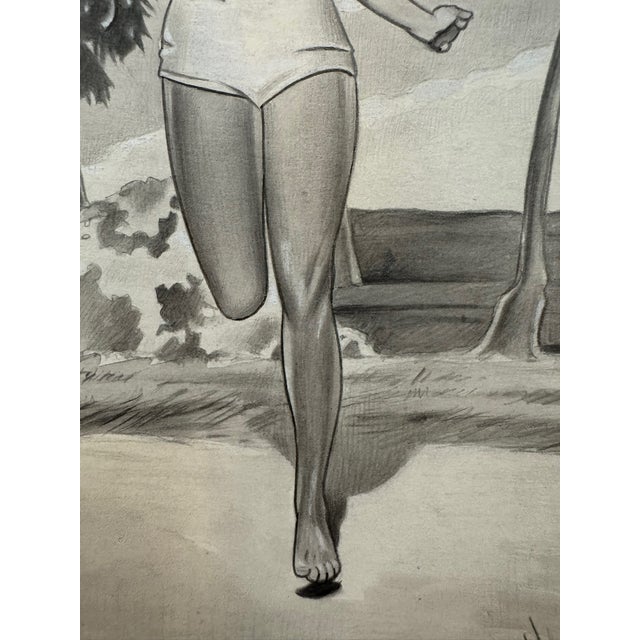 Illustration 1940s Original Signed Graphite Illustration of Woman Running on Tropical Beach, 10½ × 7¼ " For Sale - Image 3 of 5