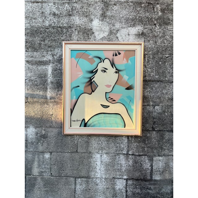Patrick Nagel Post Modern Oil Painting in the Patrick Nagel Style, Framed and Signed by the Artist. Circa 1980s. For Sale - Image 4 of 15