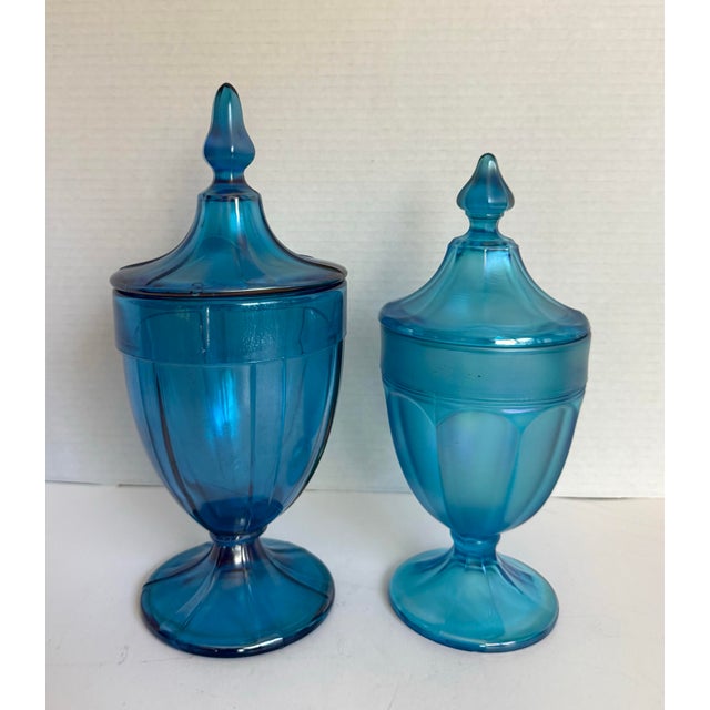 Early 20th Century Iridescent Peacock Blue Lidded Pedestal Candy Jar, Attributed to Fenton For Sale - Image 11 of 11