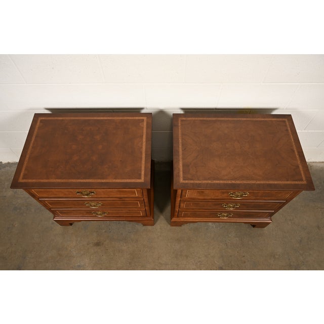 E. J. Victor Georgian Mahogany Three-Drawer Nightstands or Bachelor Chests, Newly Refinished For Sale - Image 9 of 12