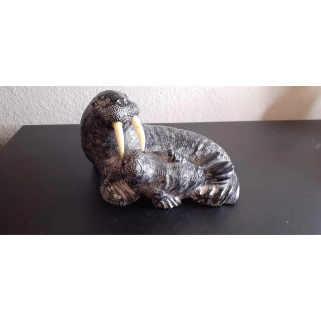Gray Vintage Canadian Wolf Sculptures Slate Walrus & Baby Sculpture For Sale - Image 8 of 8